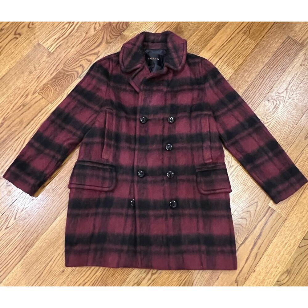 COACH Plaid Long Peacoat Dark Cranberry Size Large Amazing‎ Condition